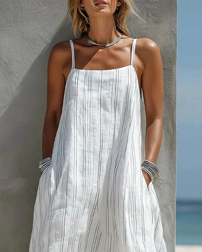Robe Col Carré Rayure Fine Bretelle Camisole Maxi