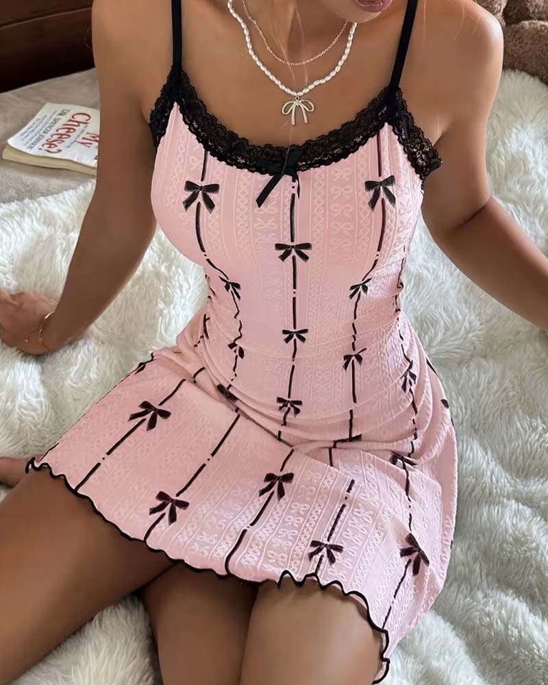Robe De Nuit Dentelle Nœud Imprimé