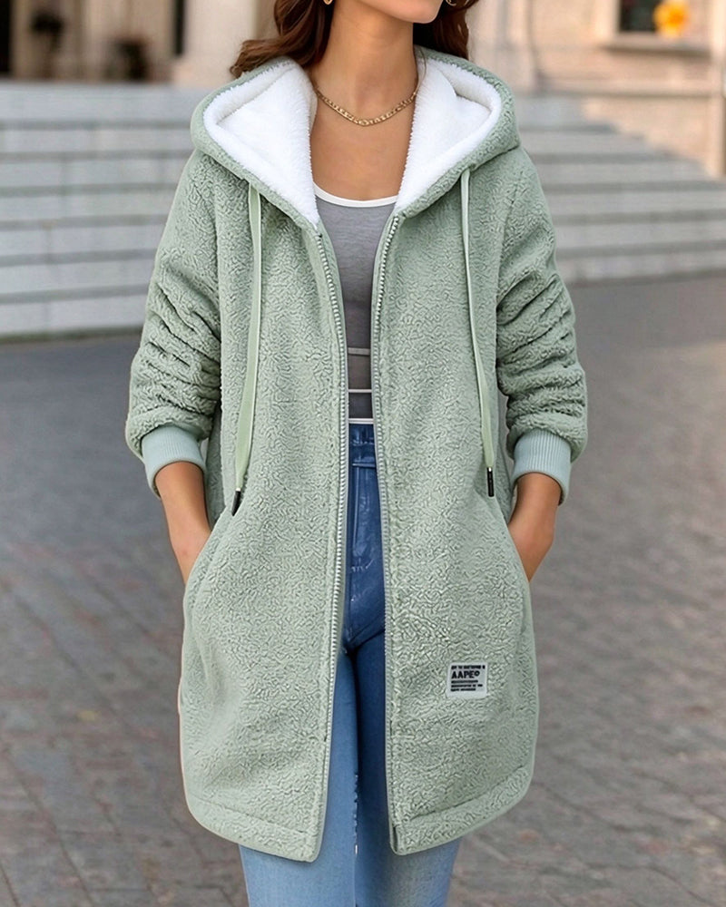 Manteau Polaire Doublé Fermeture Éclair Poche À Capuche