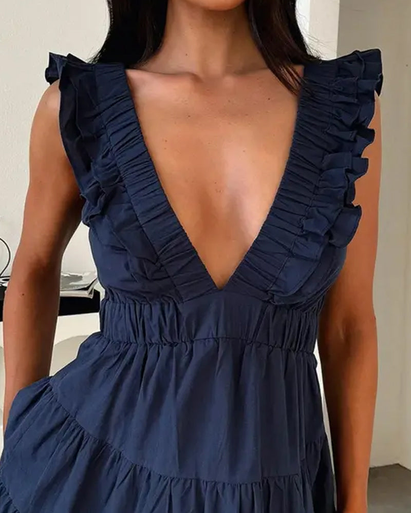 Robe Deep V Volant Sans Manches