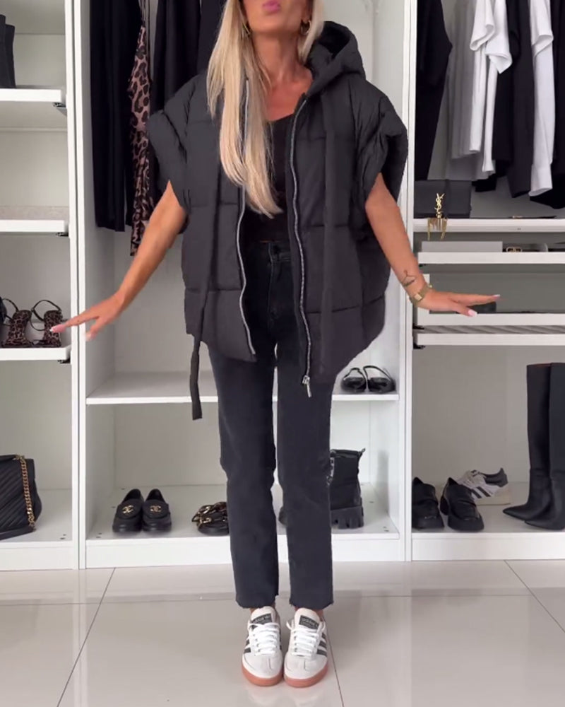 Vestes matelassées à manches courtes avec fermeture éclair et capuche de couleur unie