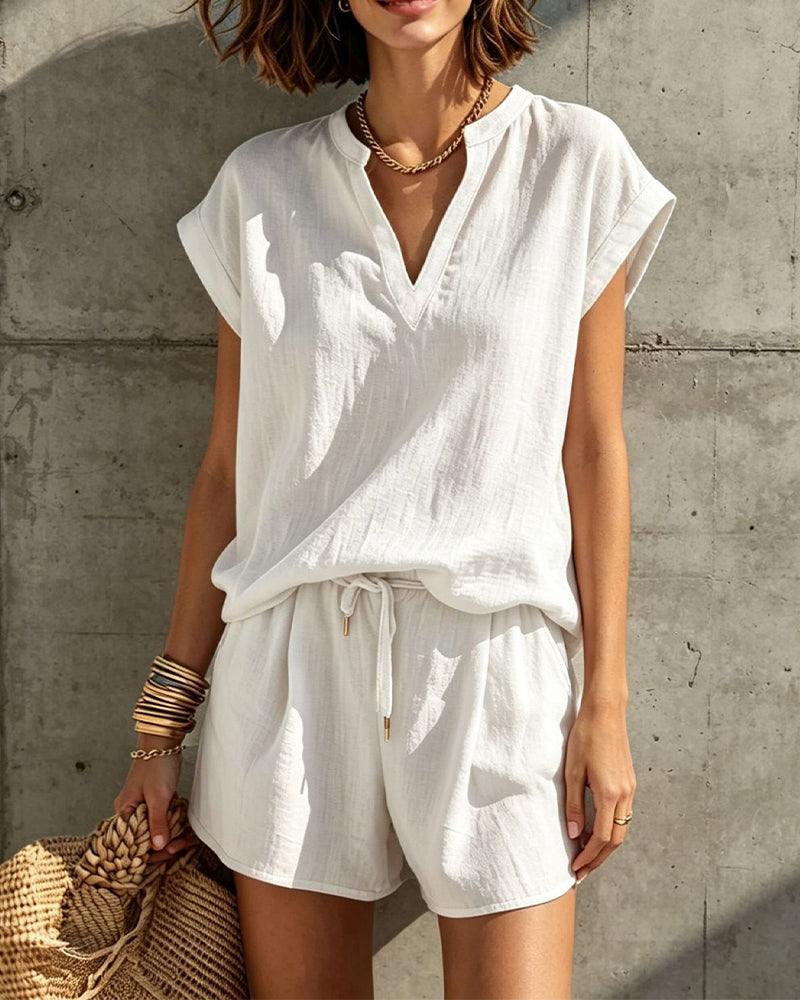 Set Haut Sans Manches Col V Avec Cordon Taille Élastique Pantalon