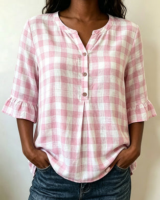 Blouse Col En V Bouton Devant À Carreaux Volant