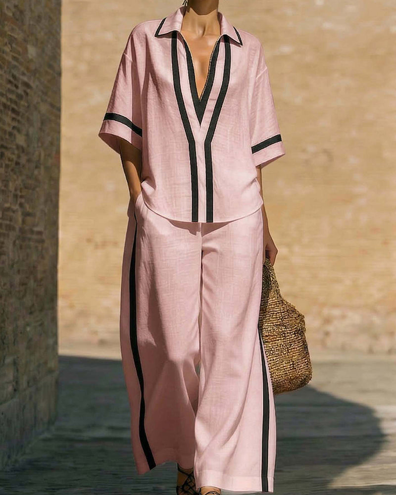 Ensemble Chemise Et Pantalon Large Coupe Ample Contraste De Couleurs