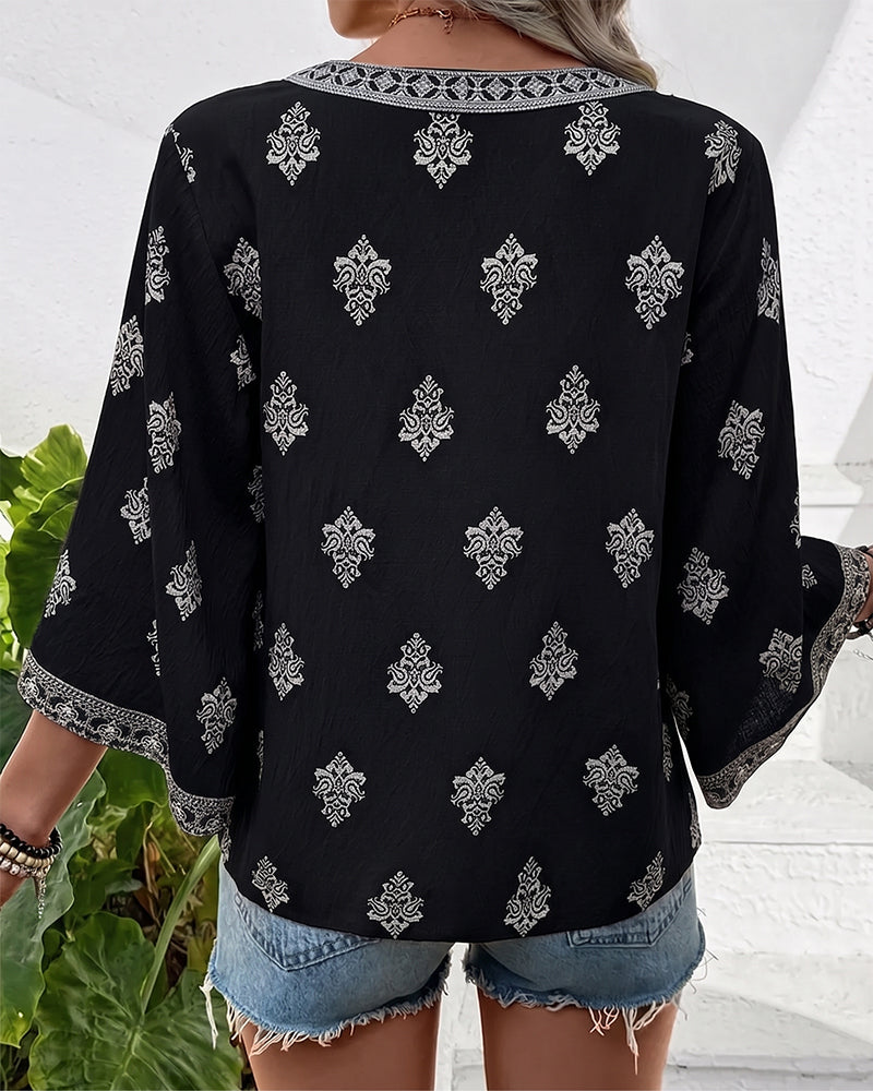 Blouse Col En V Ethnique Lâche