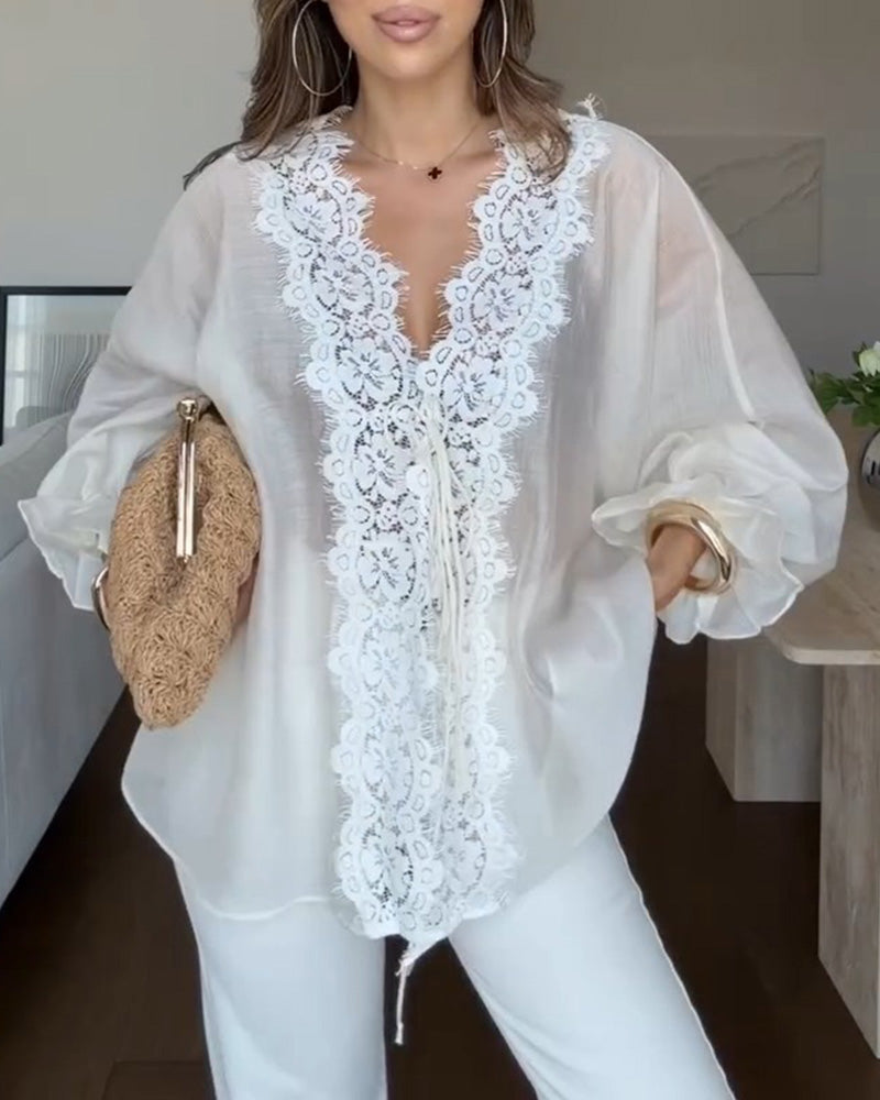 Blouse Col En V Dentelle Panneau Volant
