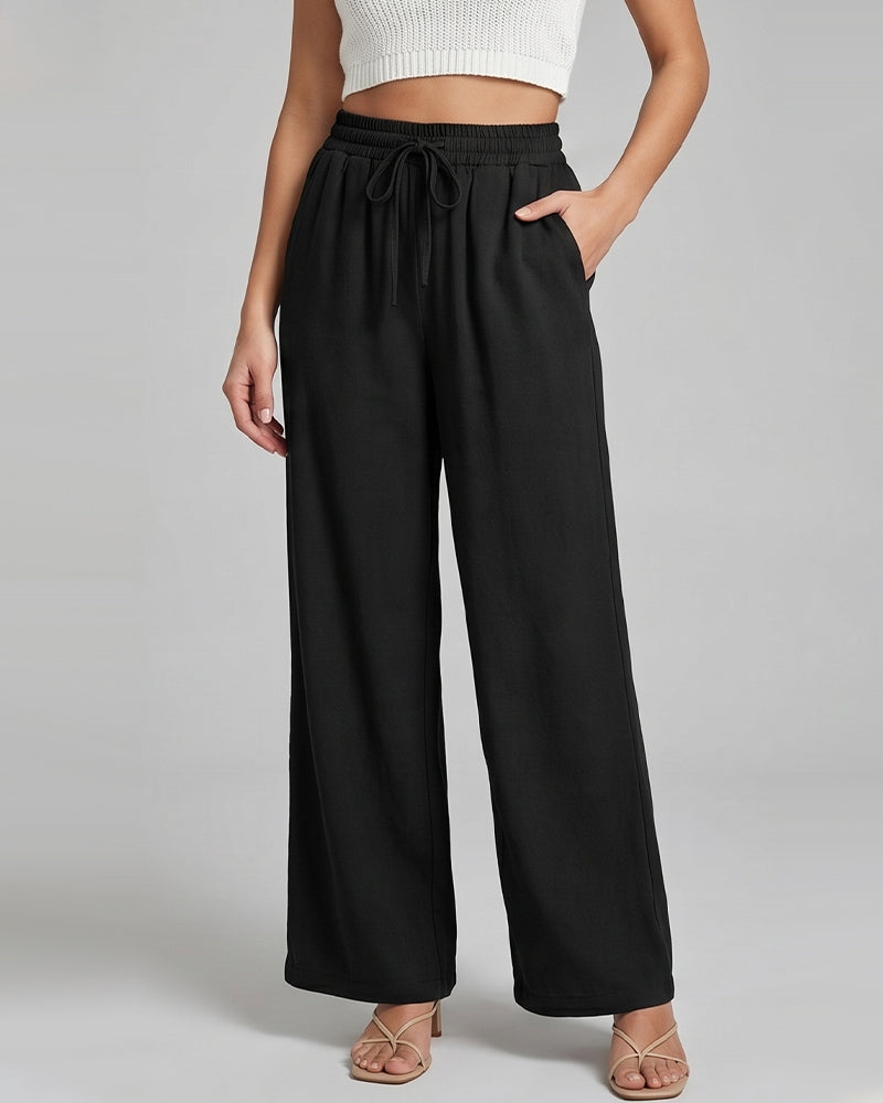 Pantalon Taille Élastique Jambe Large Attacher Décontracté