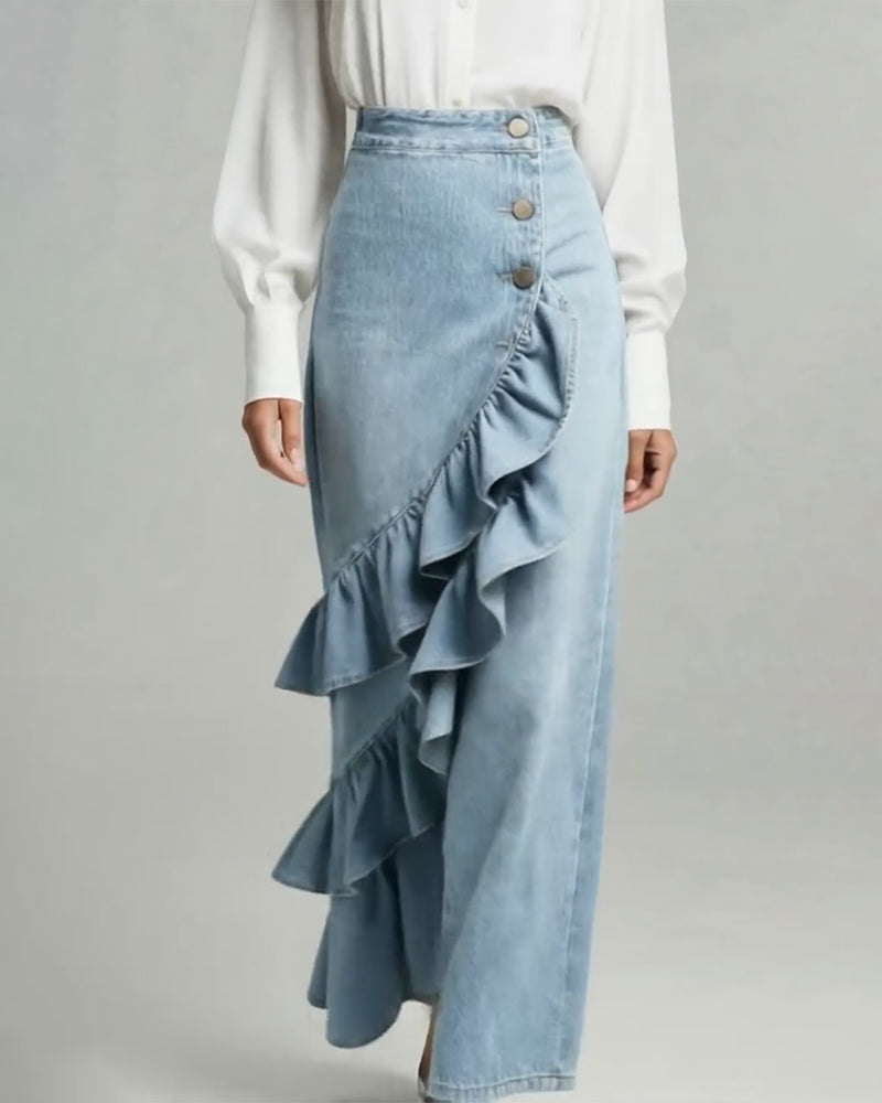 Pantalon En Denim Tendance Bord Volanté