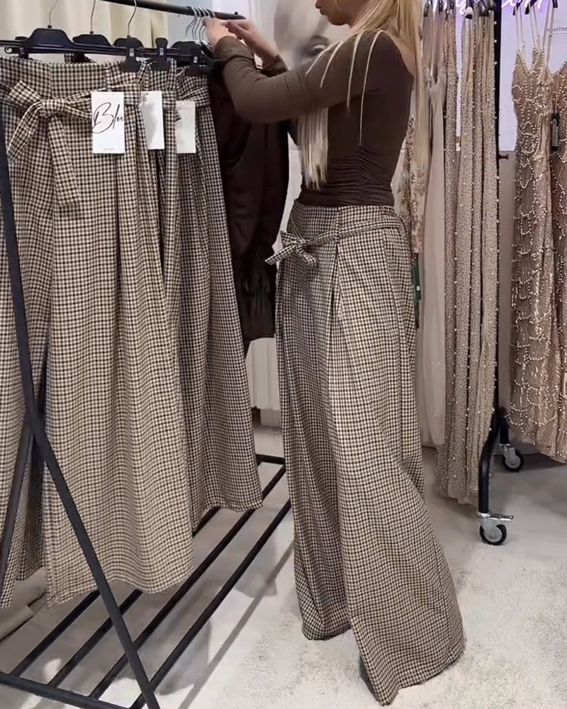 Pantalon Large Pied-De-Poule Style Vieux Riche