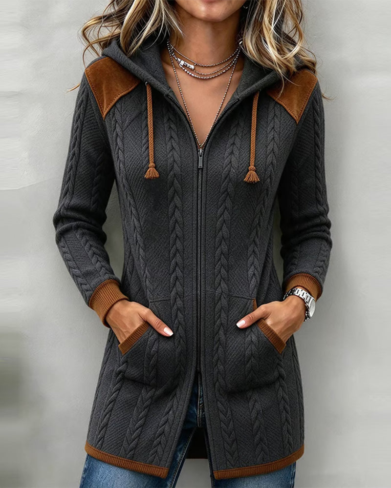 Manteau Blocs De Couleurs Tresse À Capuche Fermeture Éclair