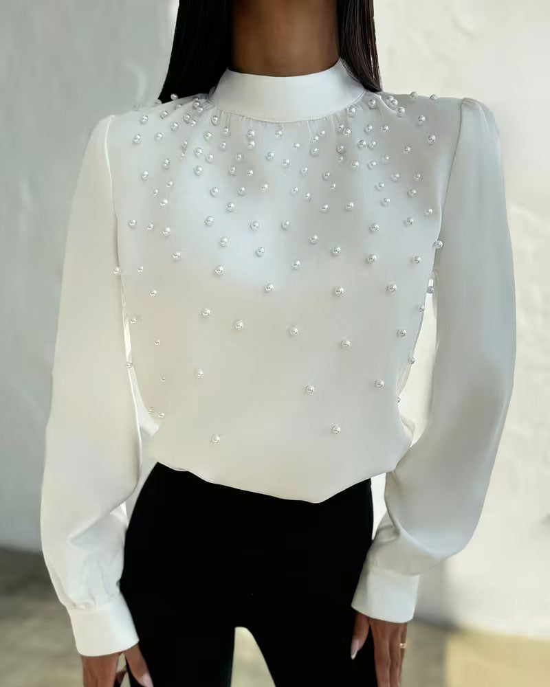 Blouse Col Montant Perle Perlé Manches Longues