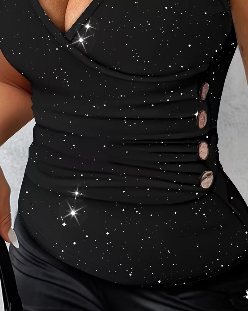 T-Shirt Sexy Col V Bouton Métallique