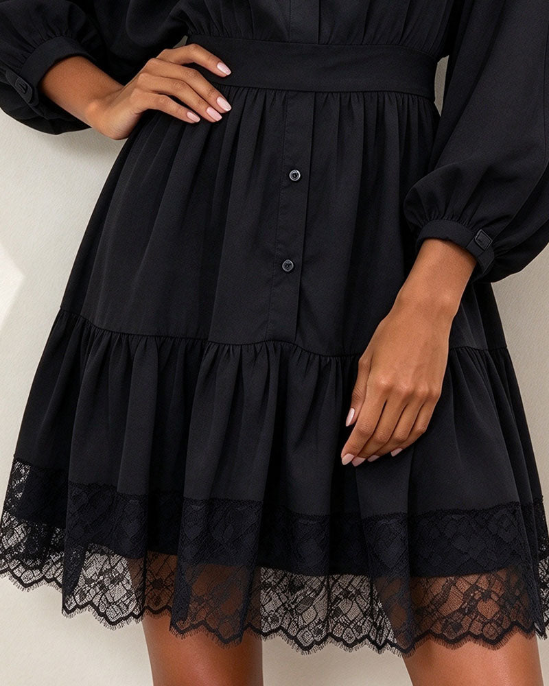 Robe Col Montant Manche Lanterne Dentelle Patchwork