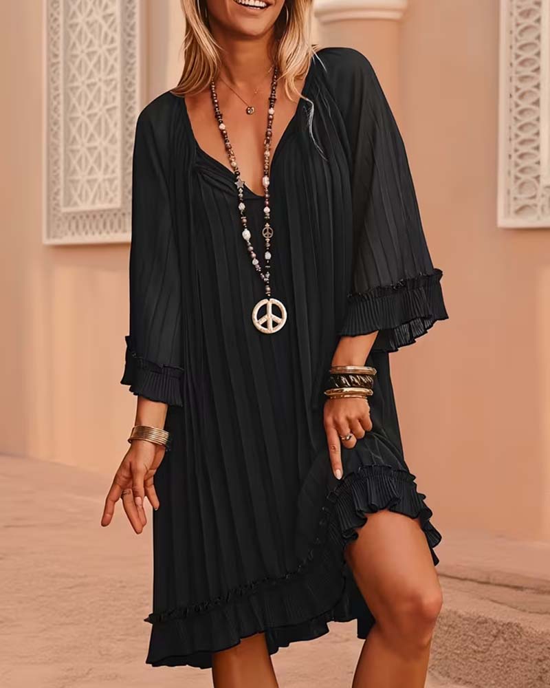 Robe À Col V Avec Volants Et Manches Trois-Quarts