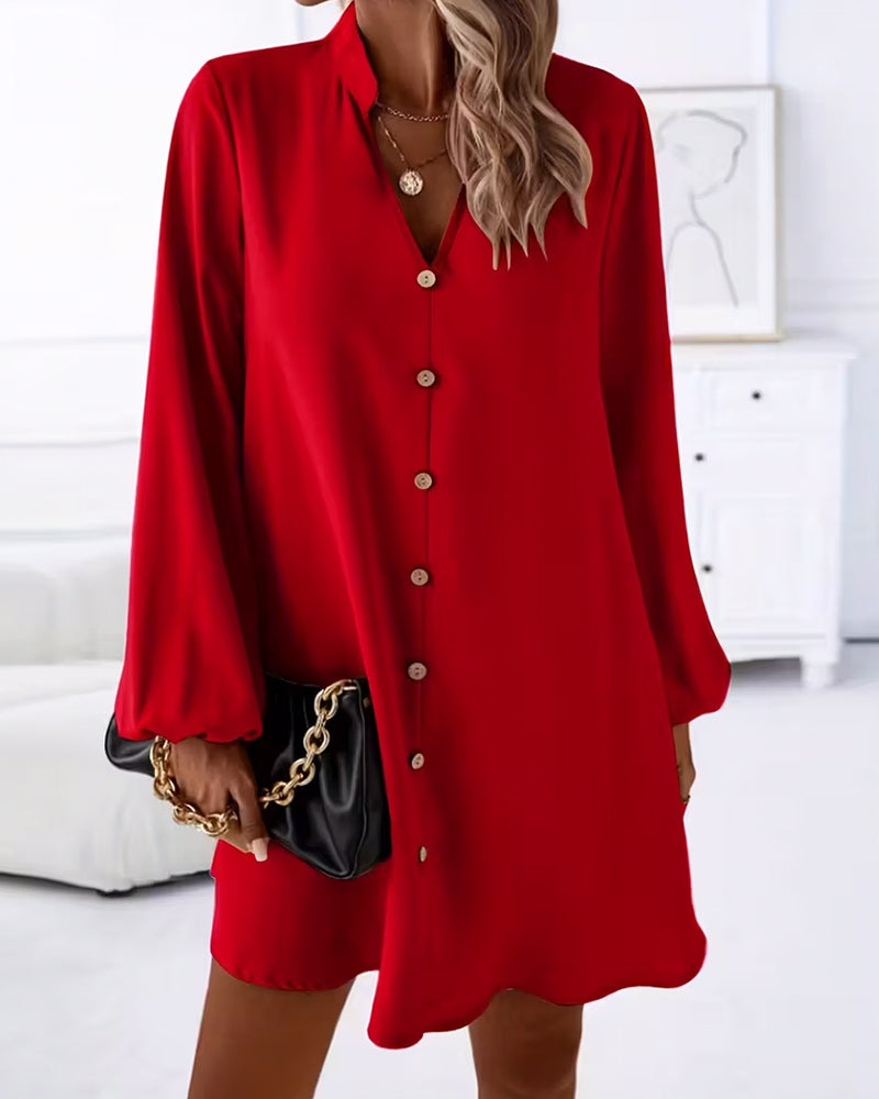 Robe Col V Manches Longues Un Rang De Boutons