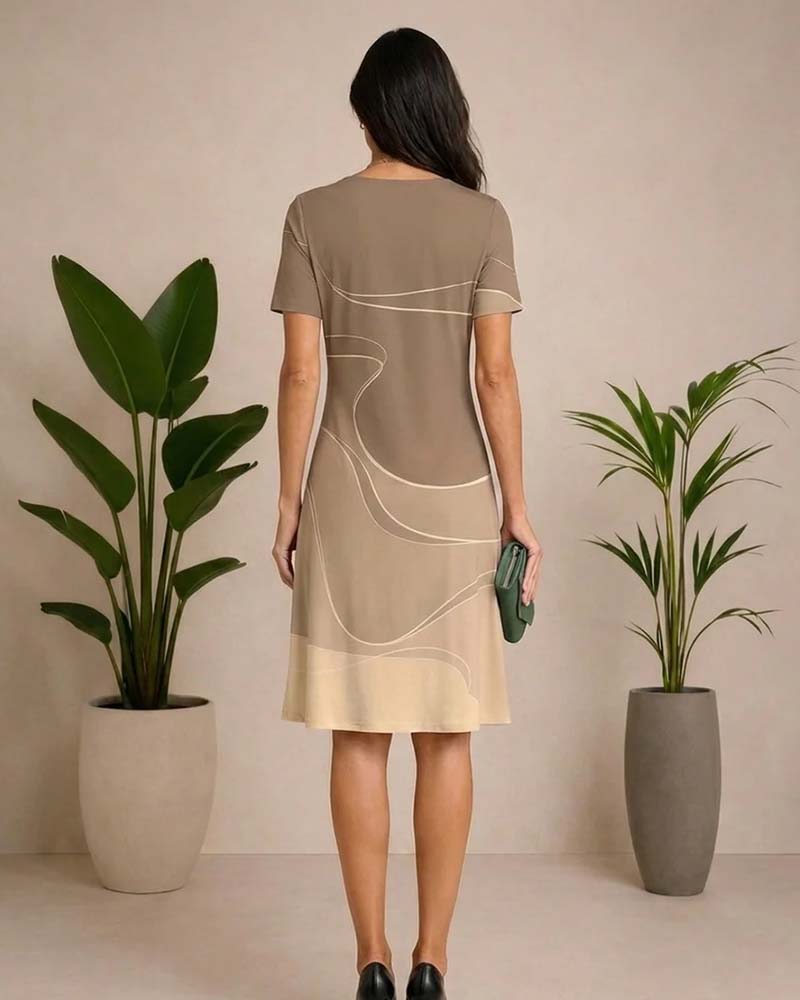 Robe Encolure Ronde Ligne Imprimé Contrastant A-Ligne
