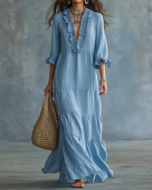 Robe Col En V Volant Superposé Longue