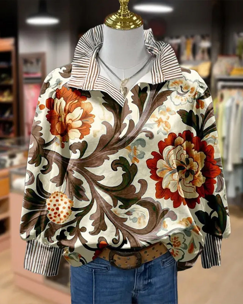 Blouse Vintage Fleurie Patchwork Rayée Col