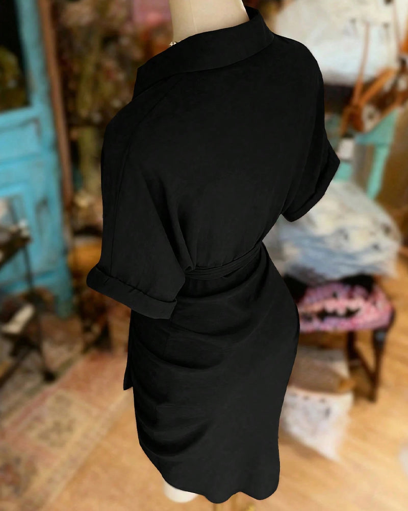 Robe Attacher Bouton Plissé Col Chemise