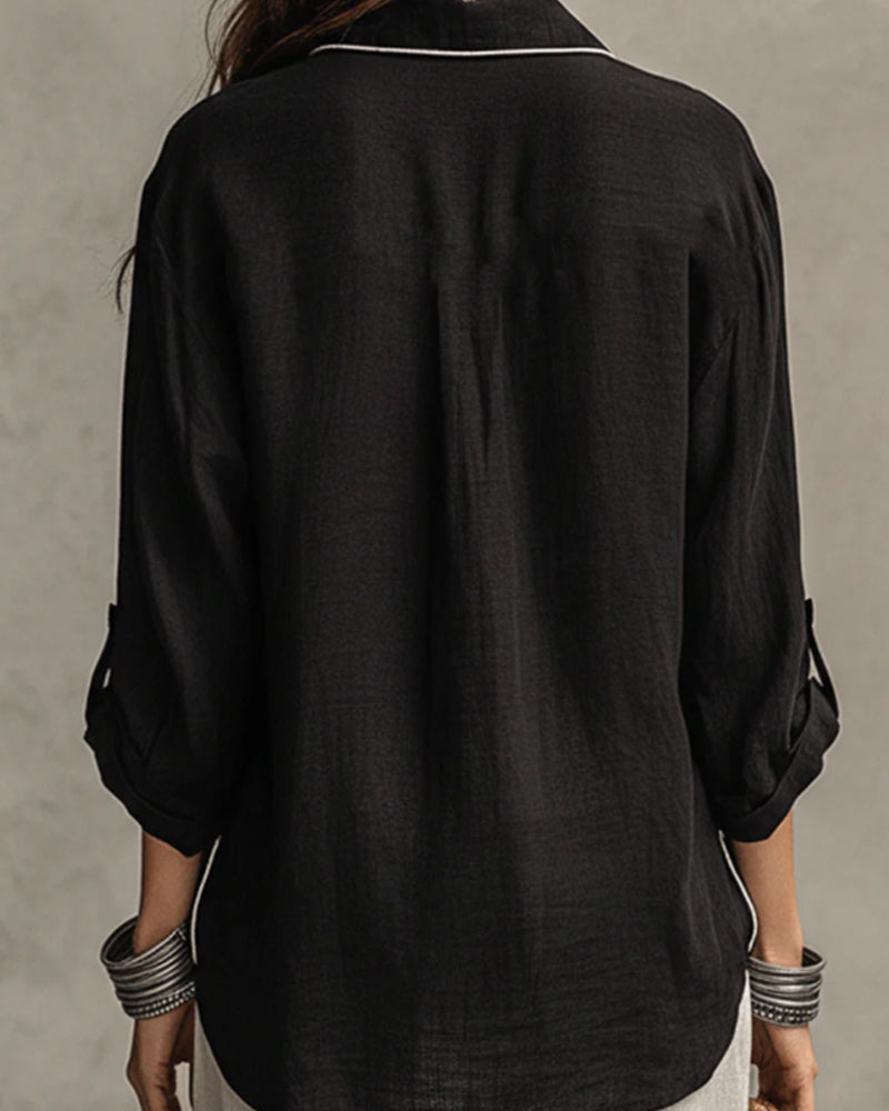 Chemise Col En V Contraste Ligne Décontractée