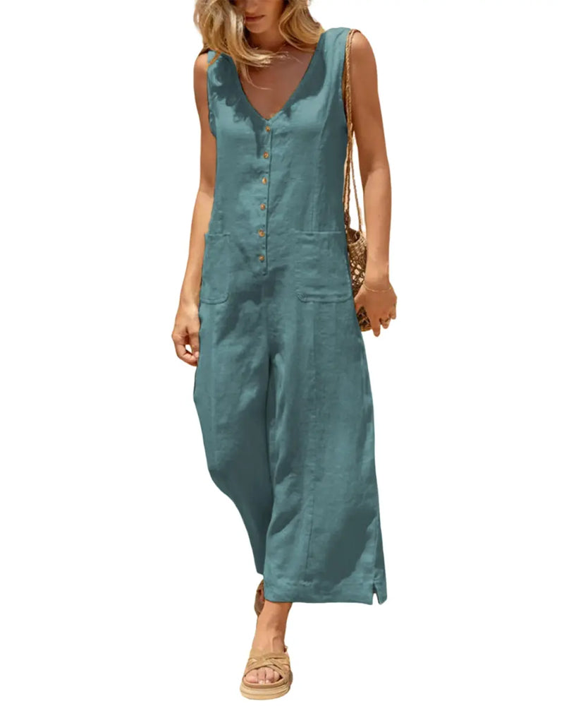 Combinaison Col En V Simple Boutonnage Sans Manches