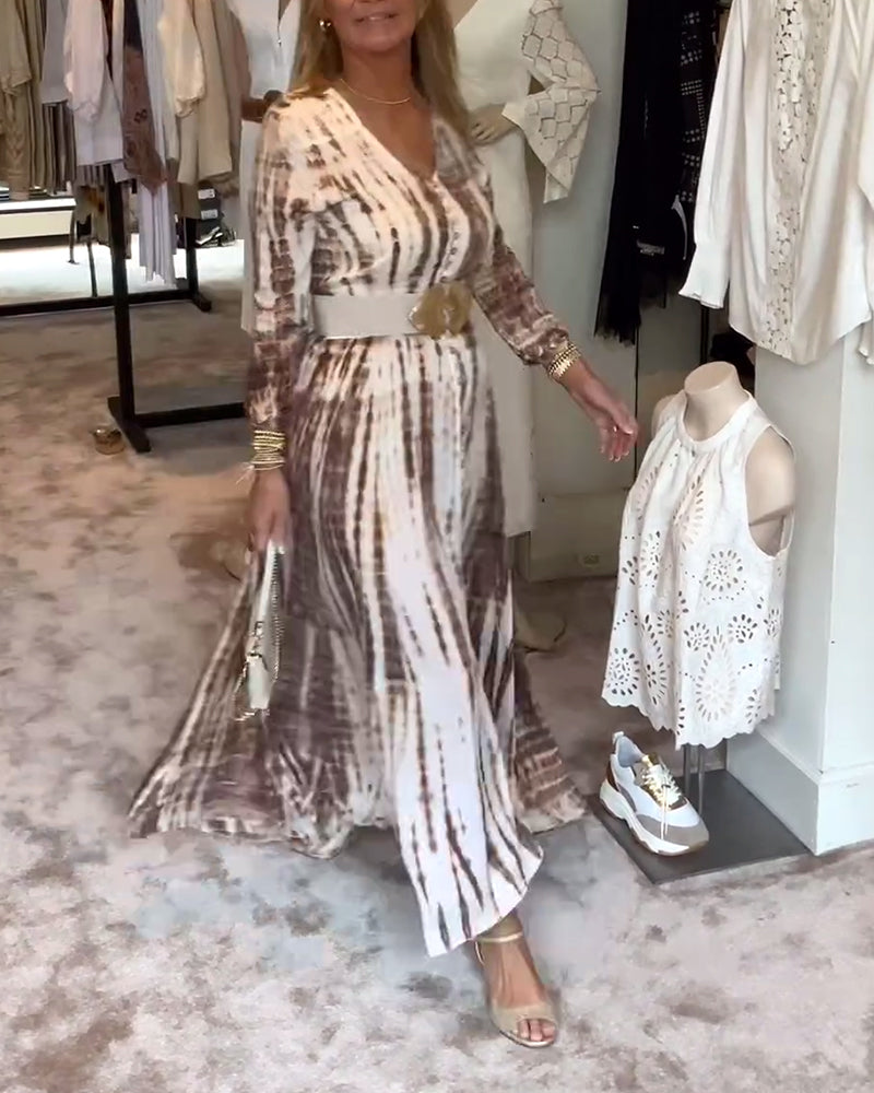 Robe imprimée taille fendue, manches longues et col en V