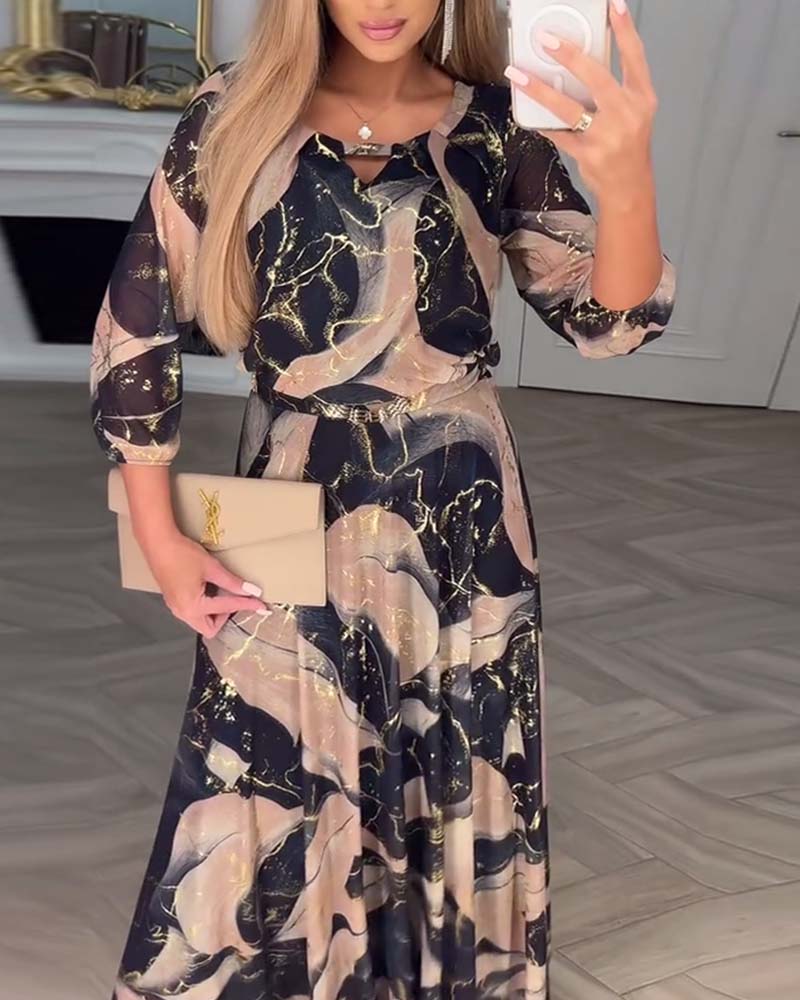 Robe Élégante Manche Trois-Quarts Imprimée Taille