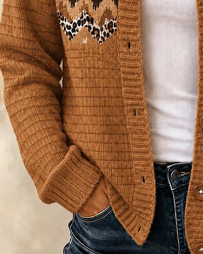 Cardigan Boutonné Léopard Rayures Ondulées
