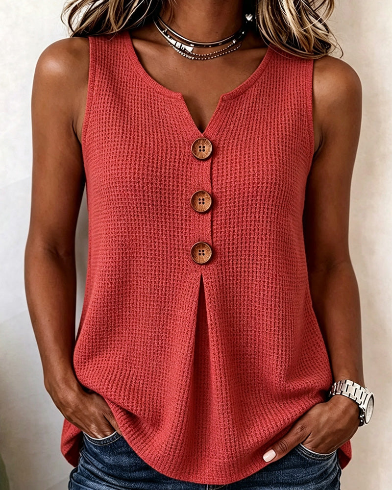 Tank Top Sans Manches Petit Col V Gaufre Uni
