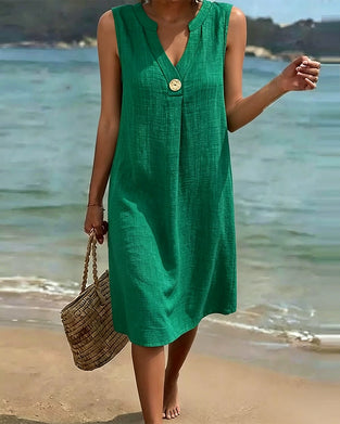 Robe Encolure V Bouton Rond Sans Manches