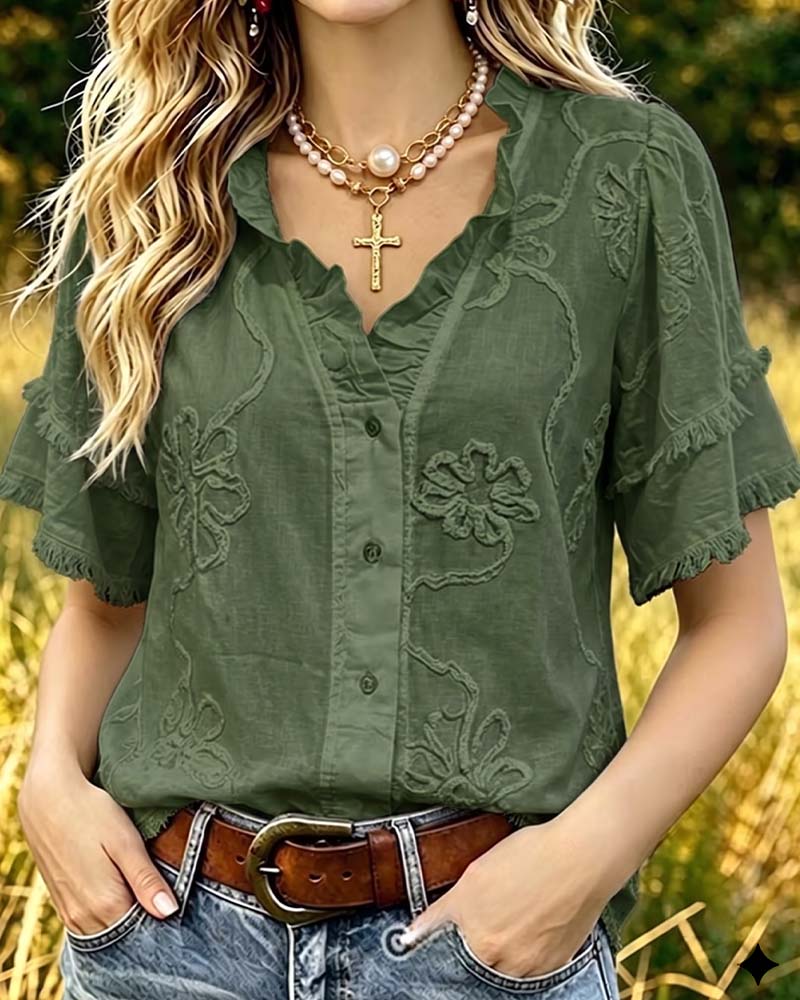 Blouse Ourlet Frangé Manches Bouffantes