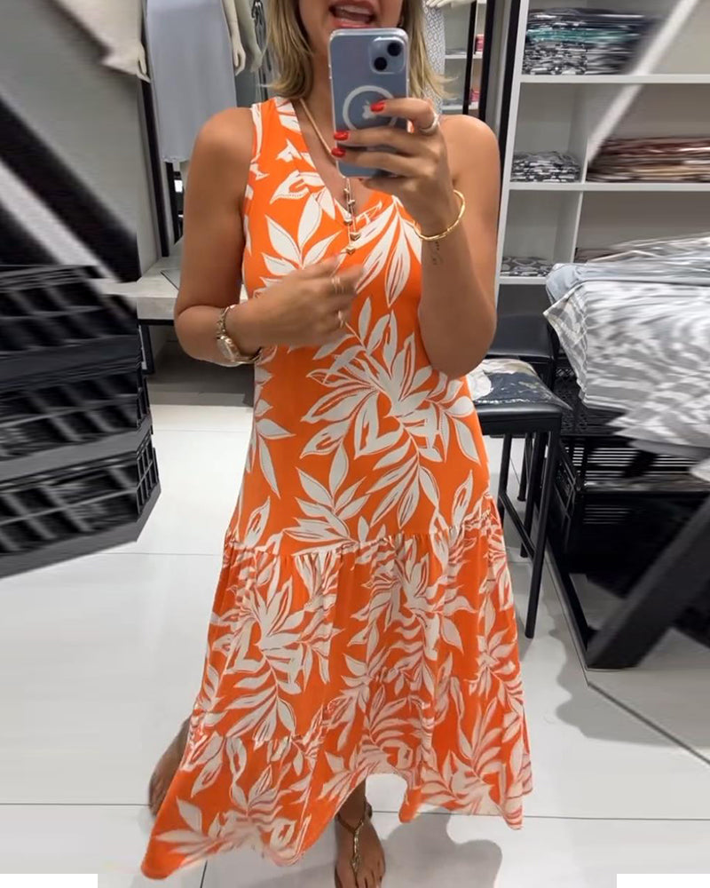 Robe décontractée sans manches à imprimé feuille d'érable