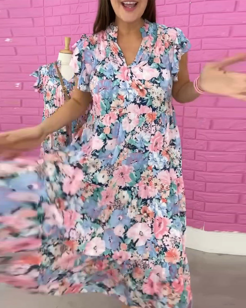 Robe décontractée à manches courtes et col en V à imprimé fleur