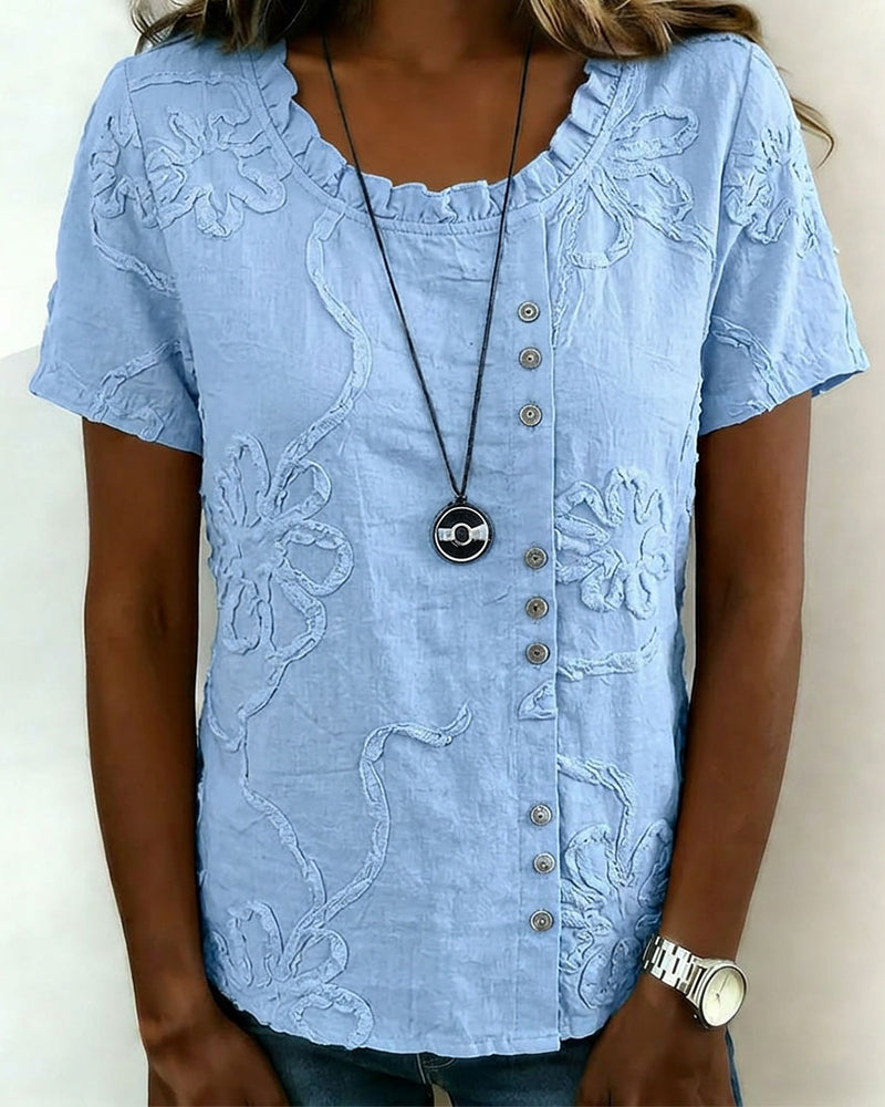 Blouse Texturée Fleurie Bouton Latéral