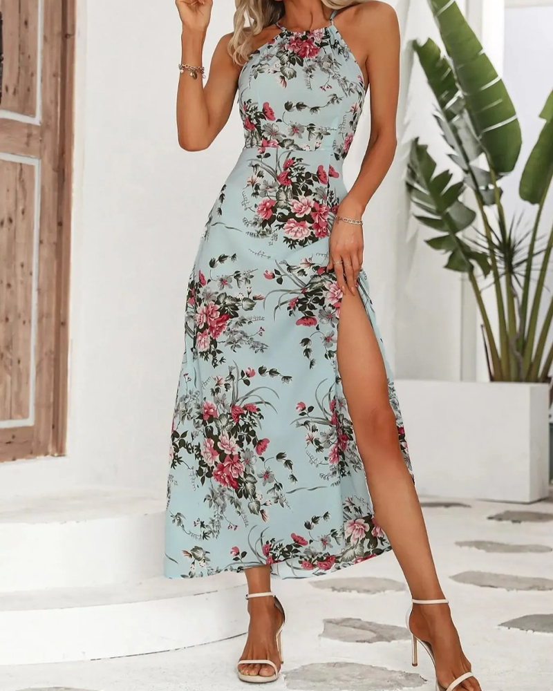 Robe Halterneck Fente Tailleur Imprimé Fleuri