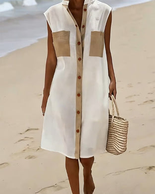 Robe Bloc De Couleur Sans Manches Chemise Midi