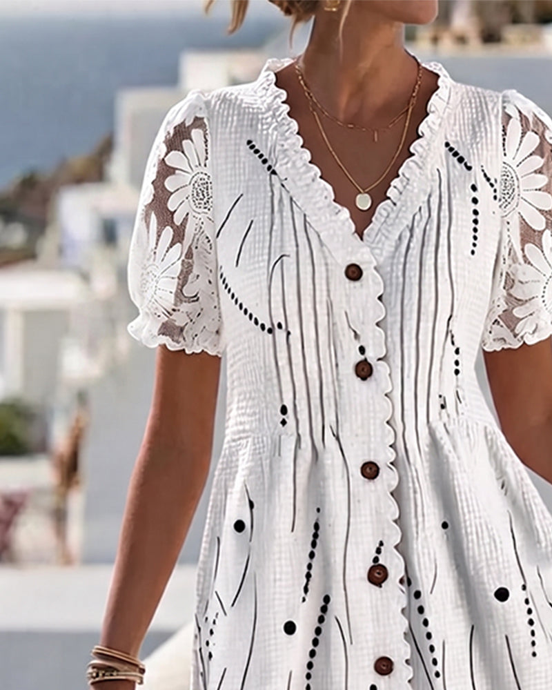 Robe Manche Bouffante Dentelle Patchwork Imprimé