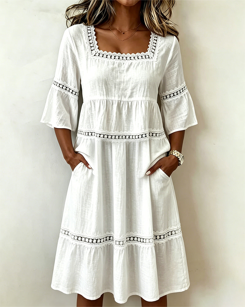 Robe Col Carré Dentelle Patchwork