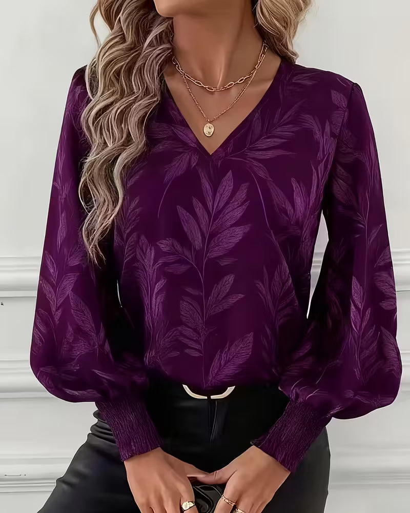 Blouse Motif De Feuille Col V Manches Longues