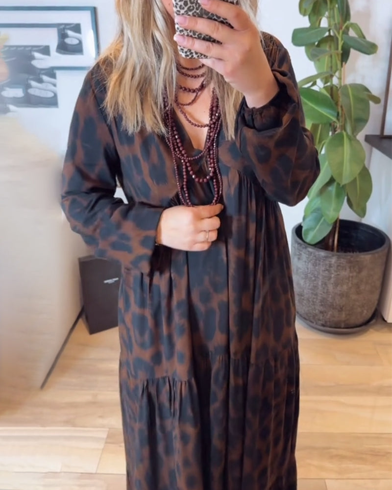 Robe Col V Imprimé Léopard Mode Maxi