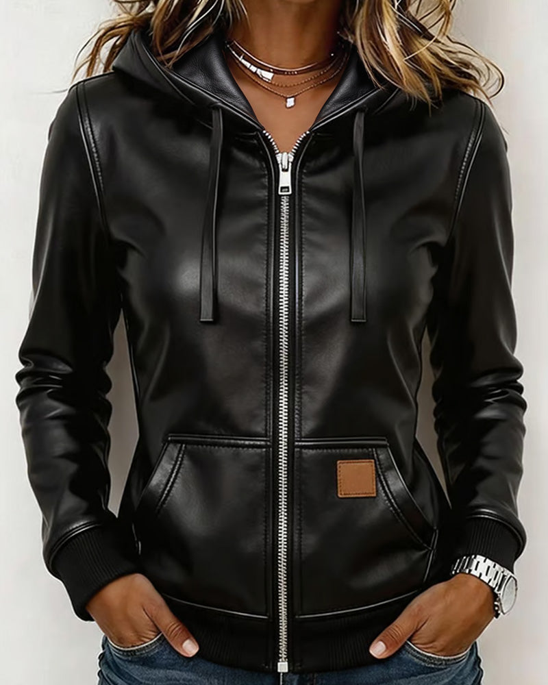 Manteau Capuche Similicuir Fermeture Éclair