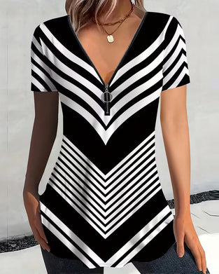 T-shirt Fermeture Éclair Col V Rayé