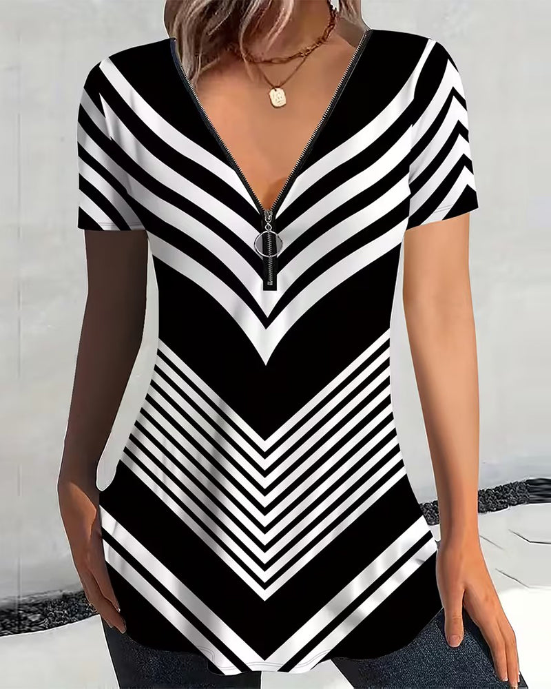 T-shirt Fermeture Éclair Col V Rayé