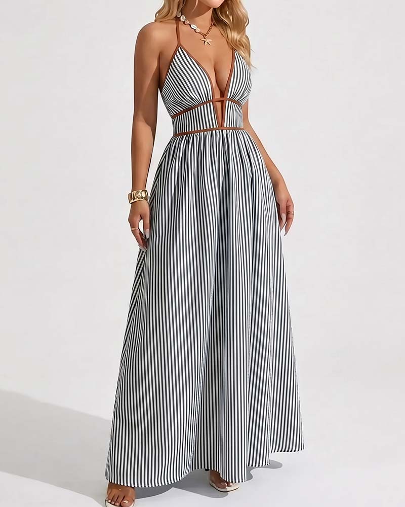 Robes Profond Col V Bretelle Spaghetti Rayure Longue