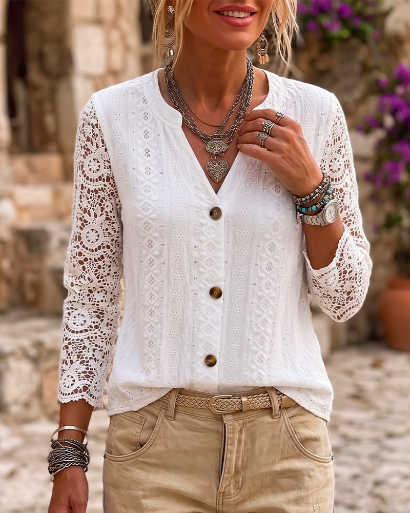 Blouse Col V Dentelle Bouton Unie