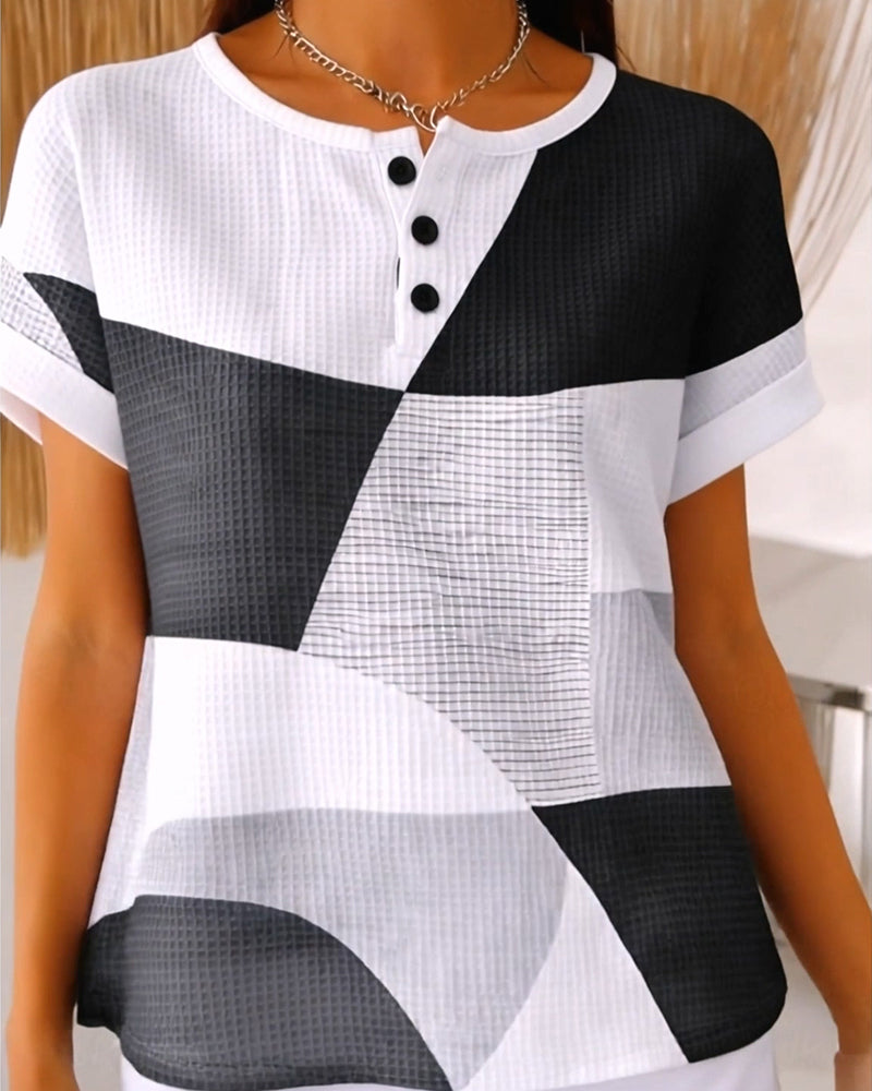 Blouse Col Rond Bouton Bloc De Couleur Gaufré