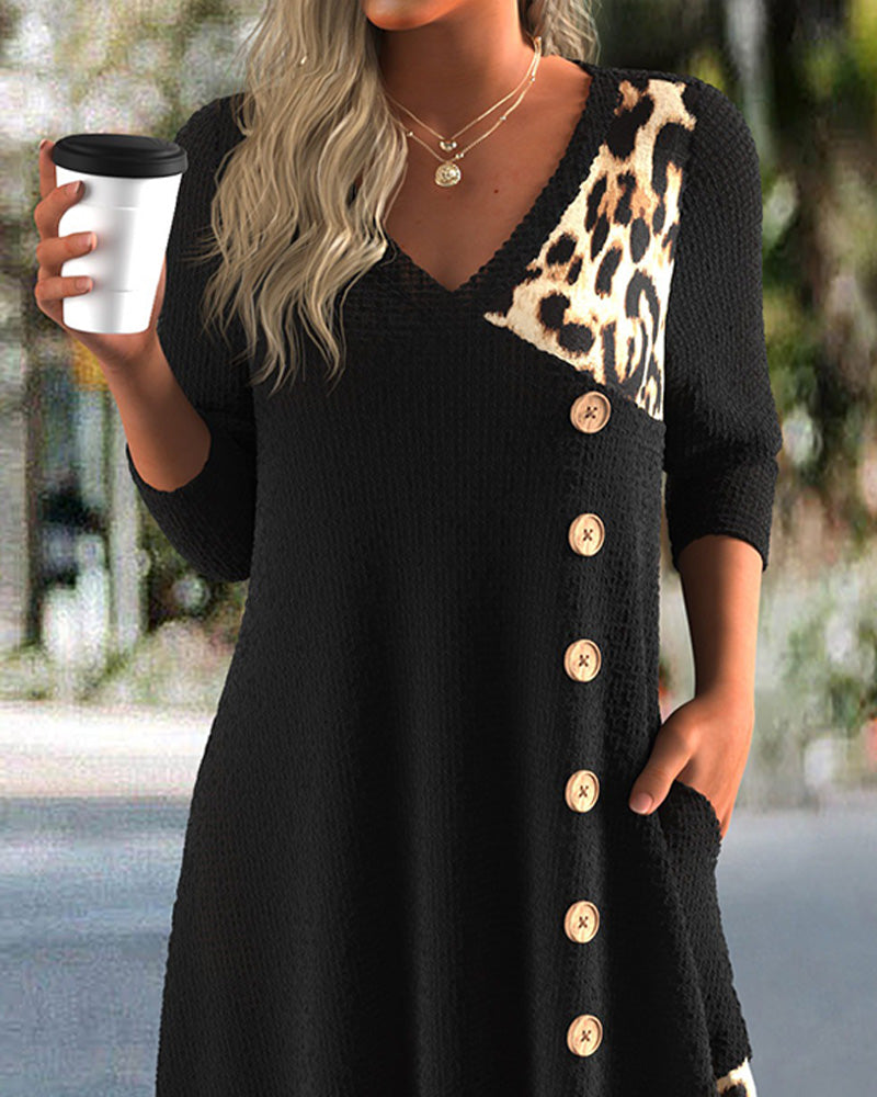 Robe Col En V Léopard Croix Patchwork