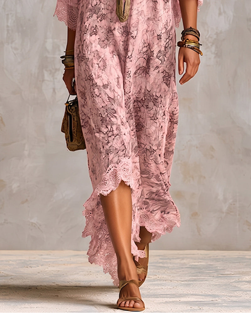 Robe Col En V Dentelle Patchwork Asymétrique