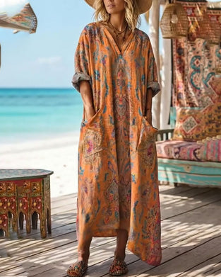 Robe Rétro Imprimé Fleuri Col V Maxi