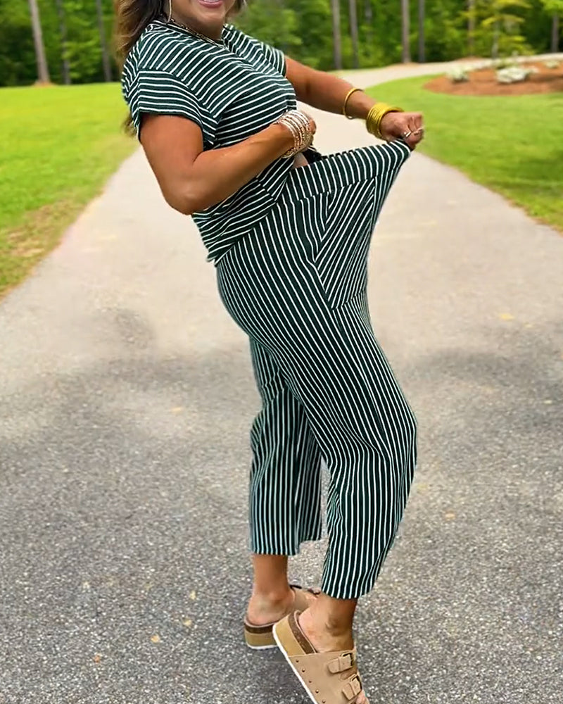 Ensemble Col Rond Rayé Taille Élastique Poche
